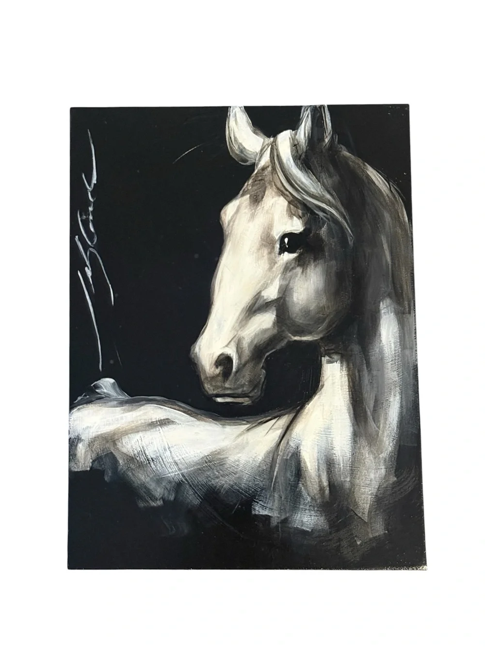 White Horse Hand Painted Wood Plaque - Classic Equine Wall Decor